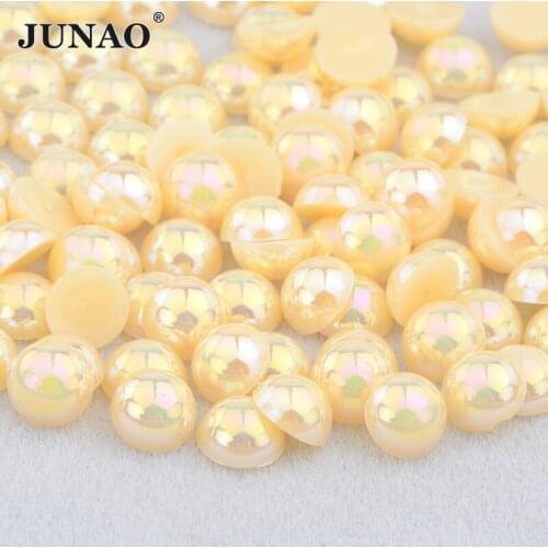 JUNAO 6 8 10 12mm Champange AB Half Round Pearl Rhinestones Beads Flatback Nail Art Crystal Stones for Scrapbook Garment Beads