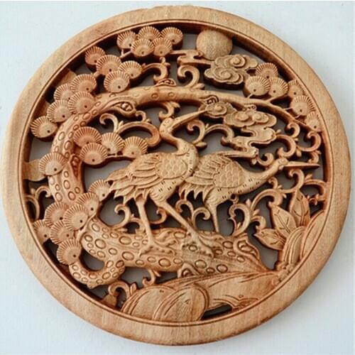 Chinese camphor wood carvings hand-carved pines, cranes, Buddhas, wall-hanging household furnishings, health and longevity gift