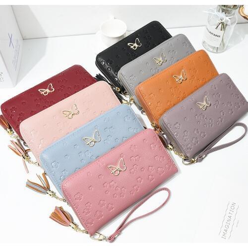 New Women Pu Leather Wallets Female Long Purses Money Bags Phone Pocket Ladies Butterfly Applique Wallet Card Holder Clutch