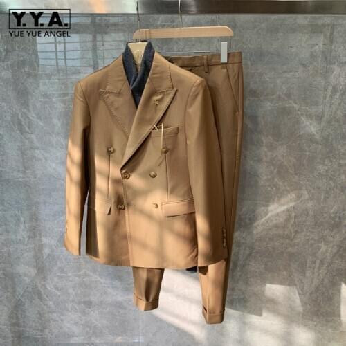 Mens Double Breasted Formal Blazer Pants Two Piece Set Slim Fit Groom Wedding Dress Suit Male Business Man Colors Costume Homme