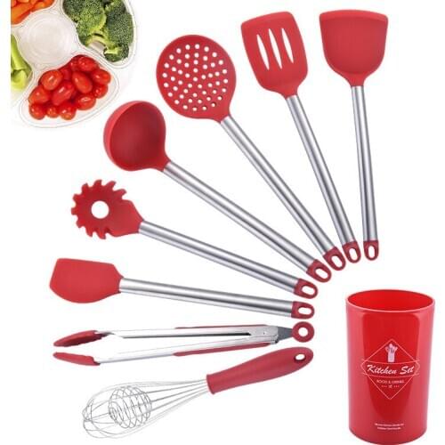 8pc Red Silicone Cooking Utensils Set Non-Stick Pan Baking Tools Kitchenware Slotted Turner Spatula Spoon Food Tongs Kitchen Kit
