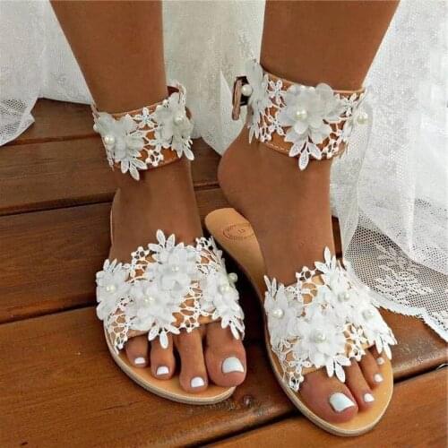 New Plus Size Womens Sandals Summer Flower Flat Bottom Bohemian Beach Outdoor Large One Line Sandals Korean Style Slippers