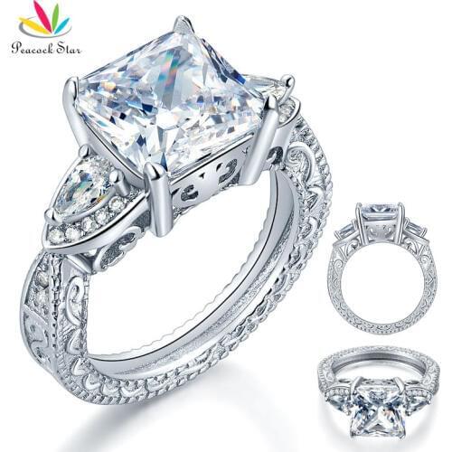 Peacock Star Luxury 3-Stones Solid 925 Sterling Silver Wedding Promise Ring Vintage Style 4 Ct Princess Cut CFR8237