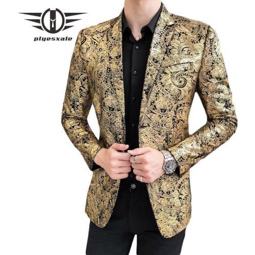 Plyesxale Gold Blazer For Men 2019 Slim Fit Floral Print Men Blazer Jacket Plus Size 5XL Costum Homme Mariage Prom Blazers Q624