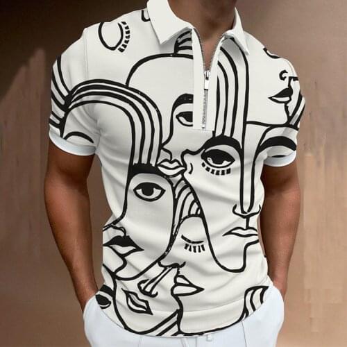 Mens Streetwear Fashion Patchwork Men Short Sleeve Polo Shirts Casual Turn-Down printing Zipper Tops
