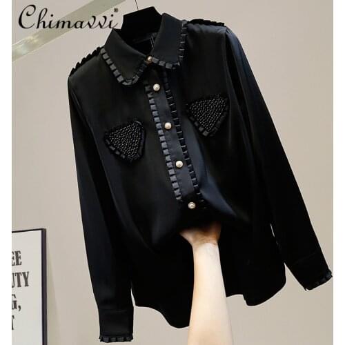 Heavy Love Beaded Pleated Lace Patchwork Shirt Sweet Doll Collar Irregular Single-Breasted Long Sleeve Satin blouse Women Autumn
