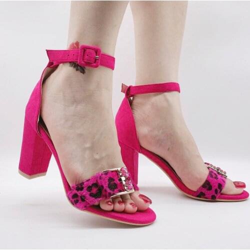 Hot Pink Leopard Sexy Sandals Women Open Toe Beach Suede High Heels for Woman Girls Square Heeled Sandals Hot