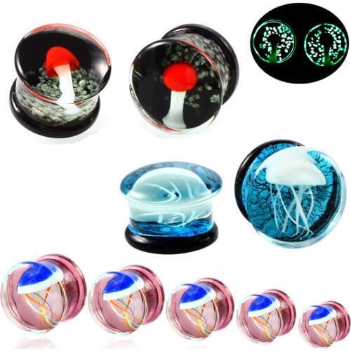 2pcs/lot Jellyfish Glass Ear Plug Gauges Earring Piercing Expander Glow in the dark Ear Flesh Tunnels Piercing Jewelry 8mm-16mm