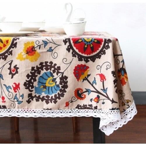 Sun Flower Tablecloth Bohemia Boho Floral Table Cloth Lace Edge Linen And Cotton Table Cover