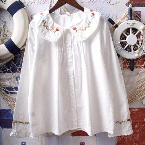 Japanese Soft Sister Girl College Style Embroidery Lace Baby Shirt Loose Long-Sleeved White Shirt Chic Top Autumn Women