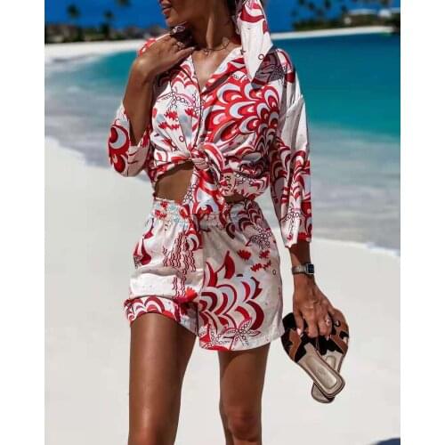 Summer Women Satin Shorts Sets Print Blouses Top Shirt+Mini Shorts Y2K Casual Loose Three Piece Sets Party Sexy Streetwear Outfi