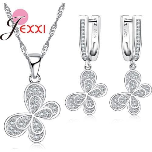 Lovely Butterfly 925 Sterling Silver Jewelry Sets For Women Animal Full Zirconia Earrings Necklaces Wedding Accessories Gifts