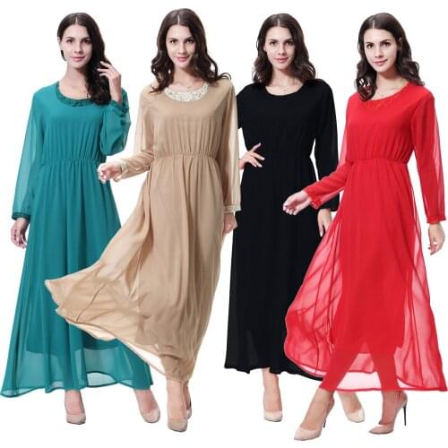 Muslim Summer Women Dress Crew Neck Chiffon Lace Long Sleeves Causal Maxi Abaya Dubai Ehtnic Lady Solid Color Long Robe Thobe