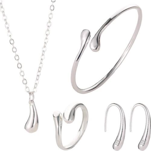 4 Pcs/Set Drop-Shaped Smooth Ring Exquisite Necklace Open Bangle Elegant Earrings Silver Plated Jewelry Sets For Women