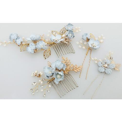 4 pcs Wedding Hair Comb&Hair Pin Blue Flower Leaf Hair Clip Decorative Bridal Barrette Bridesmaid Jewelry bijoux de cheveux