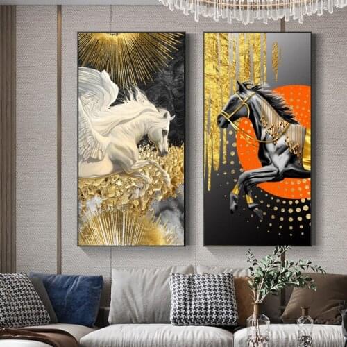 Abstract Animal Poster Running Golden Horses Canvas Painting Wall Art Pictures For Living Room Modern Abstract Prints Posters