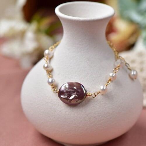 Elegant Natural Purple Baroque Pearl Bracelet For Woman Gold Color O Chain Bangle For Wedding Women Girl Lovers Handmade Jewelry
