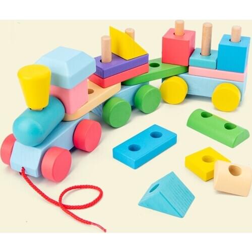 Baby Toys Montessori Toys Trailer Wooden Train Vehicle Blocks Geometry Colour Cognition Early Educational Toys For Children Gift