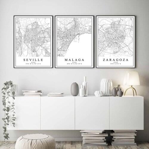 Spain City Map Barcelona Madrid Malaga Seville Valencia Zaragoza Canvas Painting Room Decor Wall Art Prints Posters Aesthetic