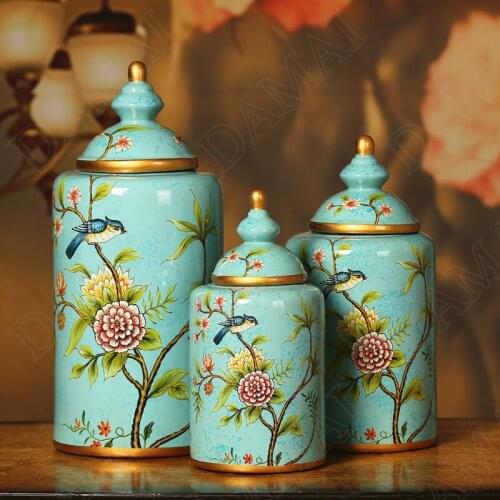 European Style Ceramics Storage Jar Hand Painted Flowers and Birds Jewelry Jars Overglaze Cosmetic Container Home Decoration
