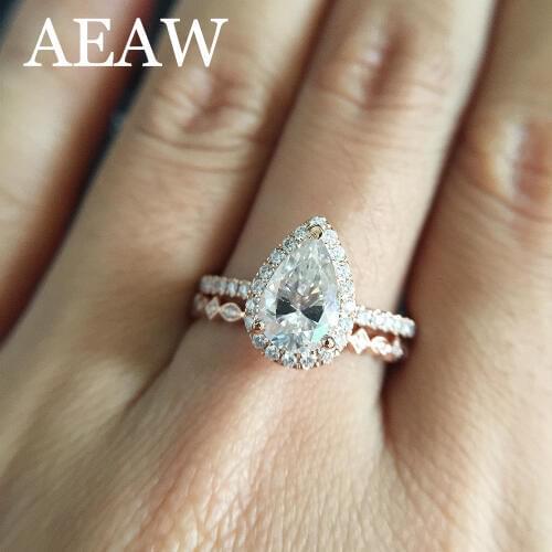 Solid 14K Rose Gold Pear Cut DF 1ct 8x6mm Moissanite Halo Engagement Ring Classic 585 Lab Grown Diamond Anniversary Ring