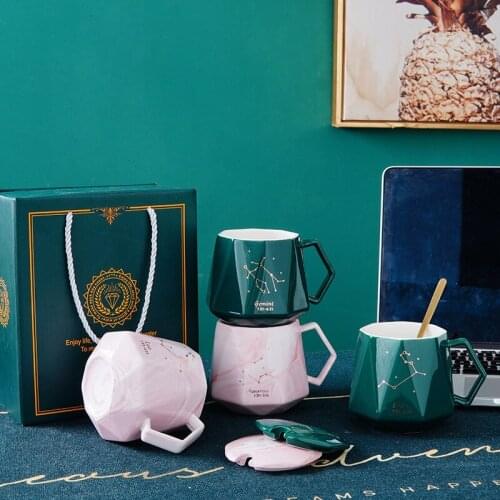 Creative 12 Constellation Diamond Cup Ceramic Simple Mug Personality Couple Coffee Cup with Lid Spoon Gift Set