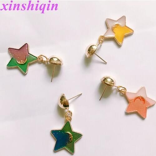 Fashion Blue Pink Star Moon Star Stud Earrings For Women Gold Color Universe Planet Circle Asymmetry cute Earrings