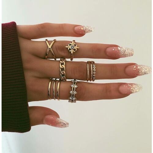 8Pcs/Set Boho Hollow Carving Flower Rings Stackable Vintage Cross Chain Joint Knuckle Nail Mid gold Rings Set