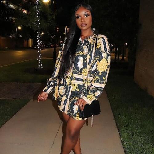 VAZN 2021 New Arrival Autumn Long Sleeve Women Dress Ladies Sashes Button Casual Office Dress Printed Shinny Mini Dress