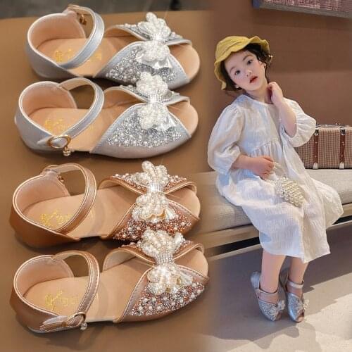 Summer New Style 2021 Girls Leather Shoes Sequined Shoes Soft Sole Butterfly-knot Princess Shoes for Party Sweet Hot Fashion