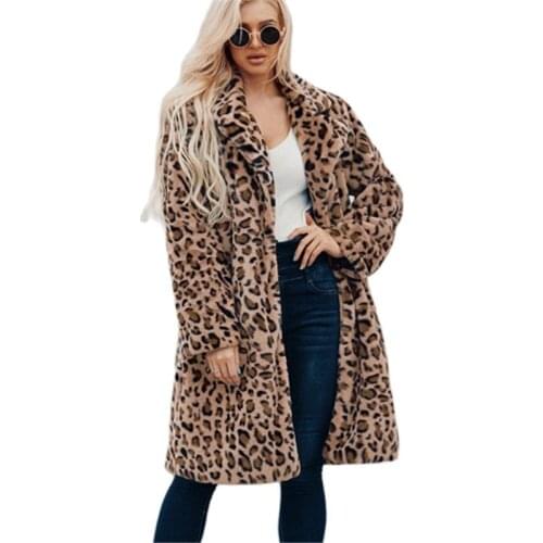 F0208 New Fashion Winter Clothing Plus Size Long Leopard Print Suit Collar Faux Fur Overcoat Womens Casual Trench Coat