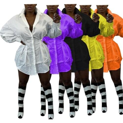 2021 Autumn Women Dress Shirt Turn Down Collar Solid Color Full Sleeve Slim Streetwear Party Night Dresses For Women Outfit