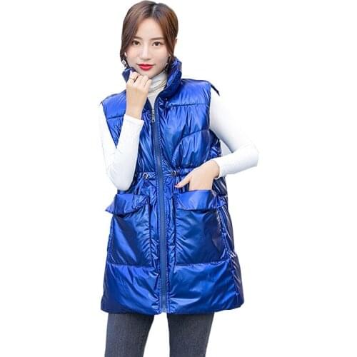 Women Autumn Winter Short Sleeveless Stand Collar Glossy Drawstring Vest Coat Warm Outwear Puffer Jacket Cotton Padded Parkas
