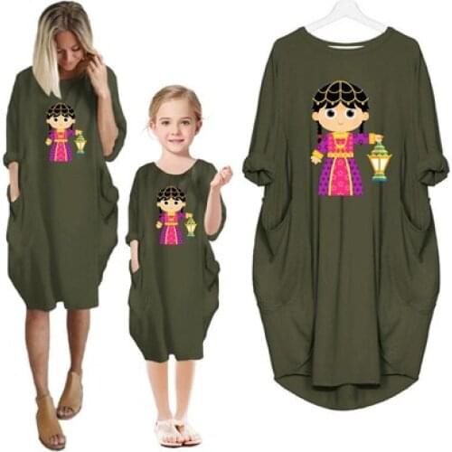 Mommy and Me Girls Ramadan Eid Women Summer Loose Long A line Muslim Dubai Arab Plain Gown Party Cartoon Kids Eid Casual Clothes