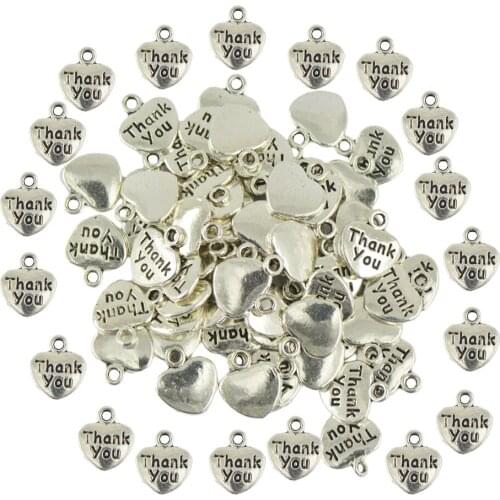 100 Pcs Thank You Heart Pendant Antique Silver Color Charms DIY Crafts Making Necklace Bracelet Party Decor Handmade Jewelry