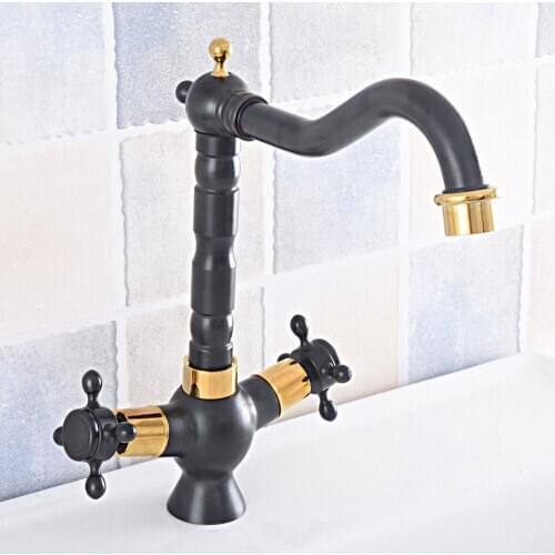 Bathroom Kitchen Dual Handle Swivel Sink Faucet Black Gold Brass Mixer Tap with Hot and Cold Water Deck Mounted Nsf794