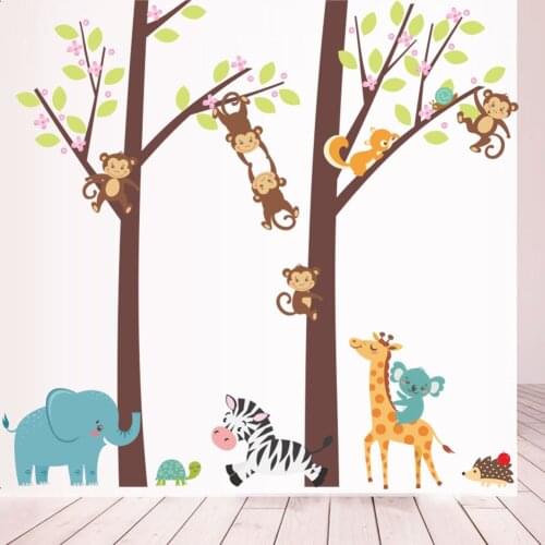 Lovely Animals Tree Branch Wall Stickers For Home Decor Kids Bedroom Playroom Decoration Safari Monkey Zebra Mural Art Diy Decal