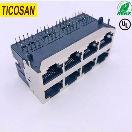 Ticosan RJ45 2*4 Connector 4 Ports Shielding RJ45 8P8C Female Connector Jack without LED PCB Mount Network Internet Modular
