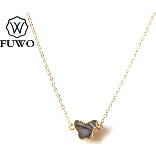 FUWO Carved Butterfly Seashell Pendant with Gold Filled Brass Chain Abalone/White/Black/Pink Shell Necklace Jewelry Gift NC516