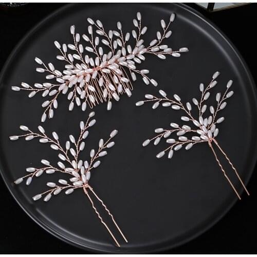 Rose Gold Hair Combs Wedding Hair Accessories For Women Full Pearls Hairpins 3 Pcs Sets Handmade Bridal Fashion Jewelry
