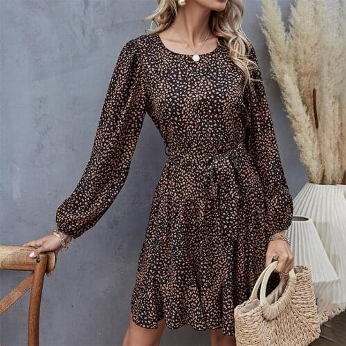 Leopard Print Lantern Sleeve Chiffon O Neck High Waist Bandage Dress Women Loose Boho Streetwear Casual Beach Party Dresses