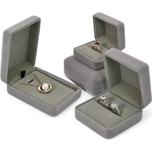 Gray Velvet Double Ring and Large Pendant Box Best Gift for Valentine Wedding Jewelry Display Packaging Organizer Storage