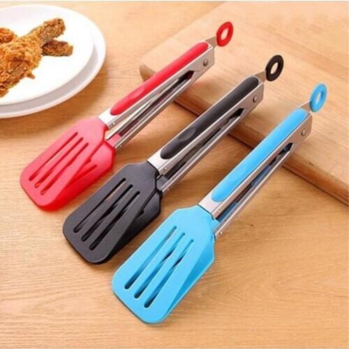 Salad Serving BBQ Tongs Silicone Kitchen Cooking Stainless Steel Handle Utensil BBQ Clip Salad Bread Serving Tongs Color Random