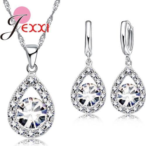 Bridal Best Gifts 925 Sterling Silver Wedding Anniversary Jewelry Sets CZ Crystal Water Drop Necklace Earrings Set