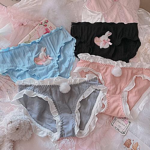 Kawaii Panties Japanese Soft Sister Cute Pure Cotton Love Embroidery Plush Bunny Tail Waveselvedge Low Waist Underpants Girl