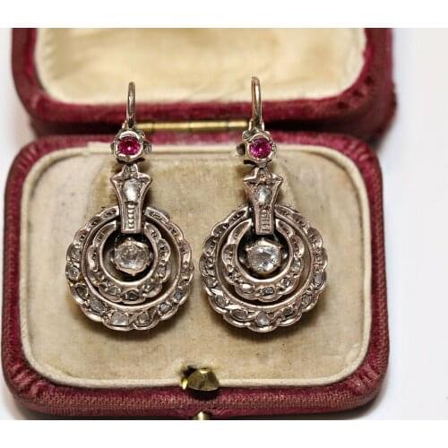 ANTIQUE OTTOMAN 8K GOLD NATURAL ROSE CUT DIAMOND DECORATED EARRING