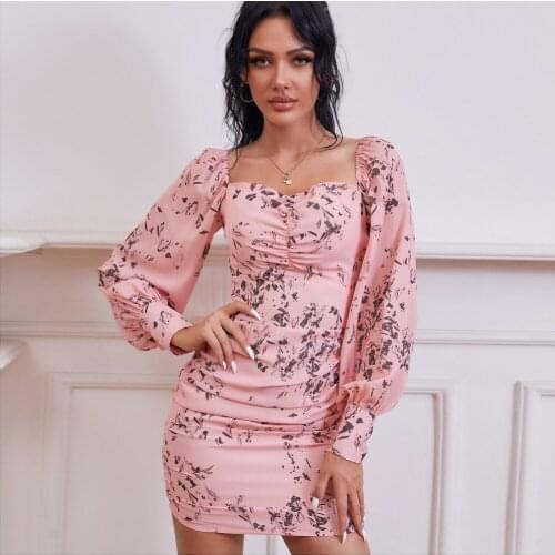 XL Long Sleeve Buttock Dress Pink Print Dress With One-line Neck And Puffy Sleeves Floral Miniskirt Bodycon For Women Vestidos