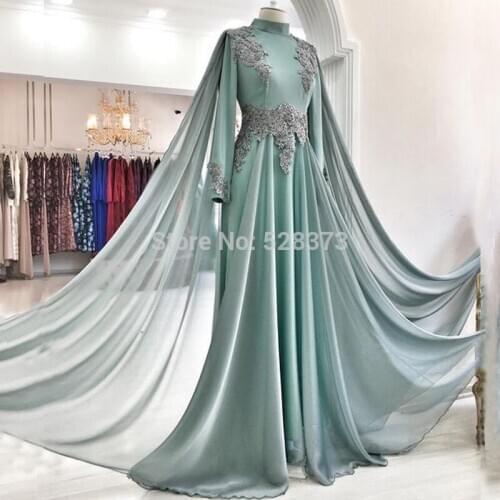 YNQNFS ED15 With Hijab Beaded Lace Applique Elegant A-line Long Sleeves Arabic Turkey Simple Muslim Evening Dress Sage Green