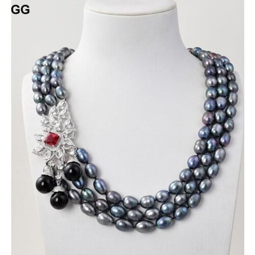 GuaiGuai Jewelry 22" 3 Strands Black Rice Pearl Necklace Sea Shell Pearl CZ Pendant