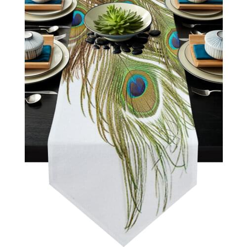 Peacock Feather Green Table Runner Country Wedding Decor Cake Tablecloth Placemat Dinning Table Decoration Table Runners